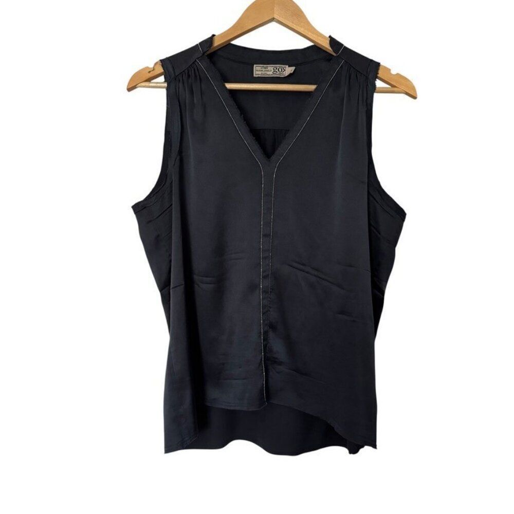GO by Go Silk Navy Blue Washable V Neck Distressed Sleeveless Blouse Sz M